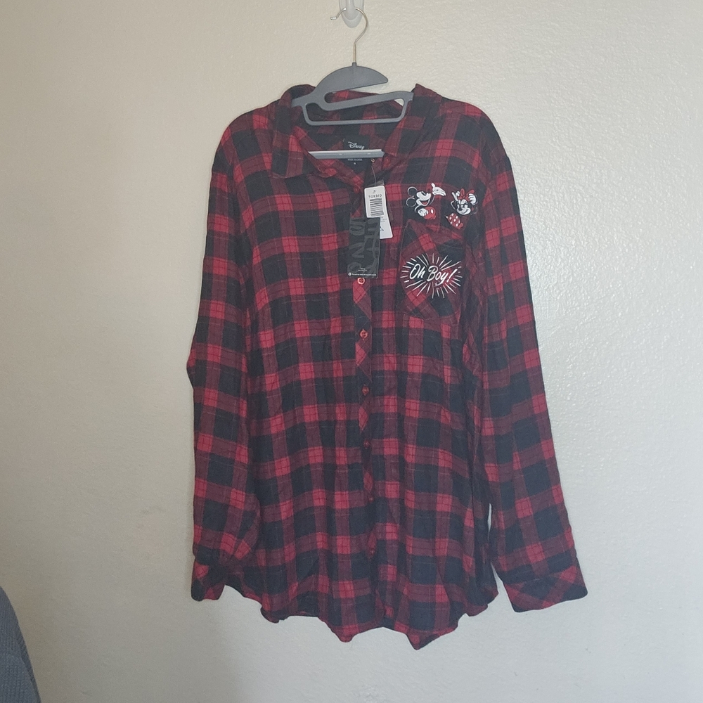 Mickey and Minnie plaid button down top